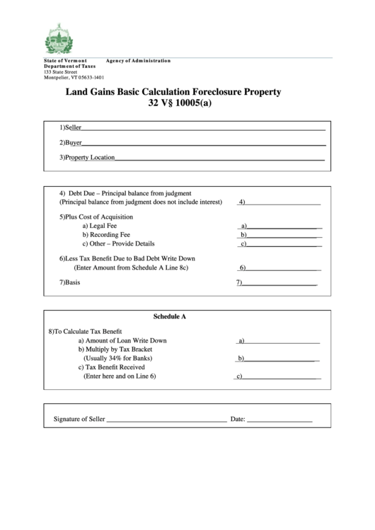 Land Gains Basic Calculation Foreclosure Property - Vermont Department Of Taxes Printable pdf