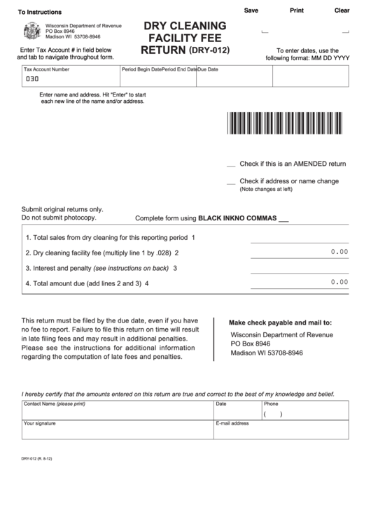 Fillable Form Dry-012 - Dry Cleaning Facility Fee Return Printable pdf