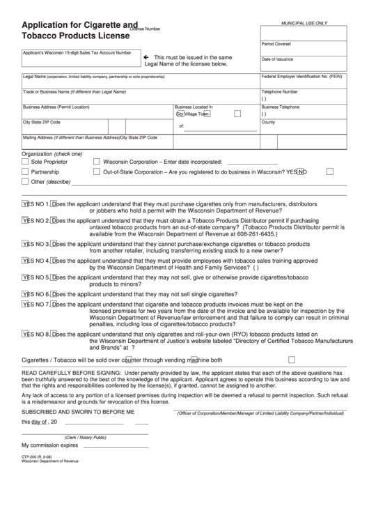 Form Ctp-200 - Application For Cigarette And Tobacco Products License Printable pdf