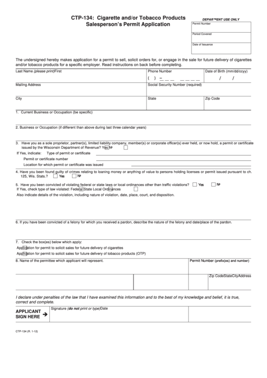 Form Ctp-134 - Cigarette And/or Tobacco Products Salesperson