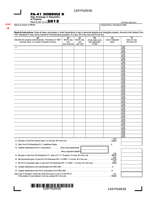 Fillable Form Pa-41 D - Pa-41 Schedule D - Sale, Exchange Or Disposition Of Property - 2015 Printable pdf