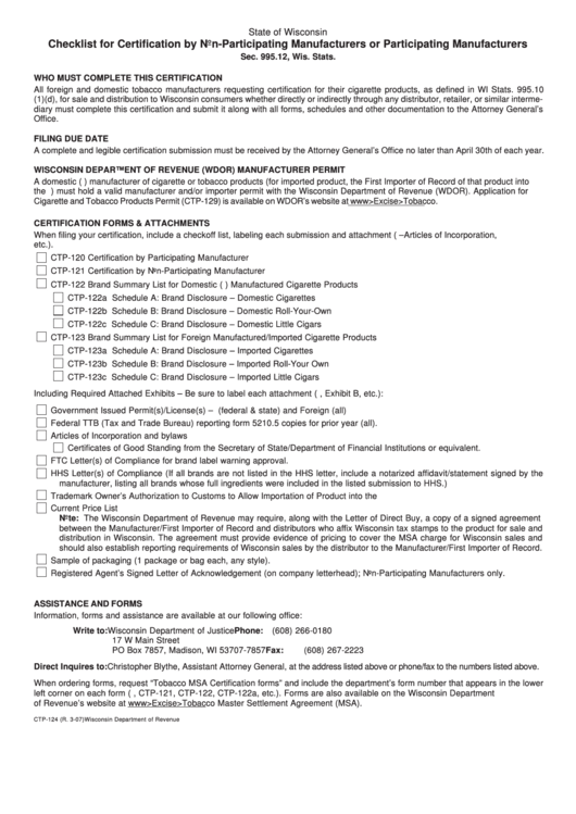 Form Ctp-124 - Checklist For Certification By Non-Participating Manufacturers Or Participating Manufacturers Printable pdf