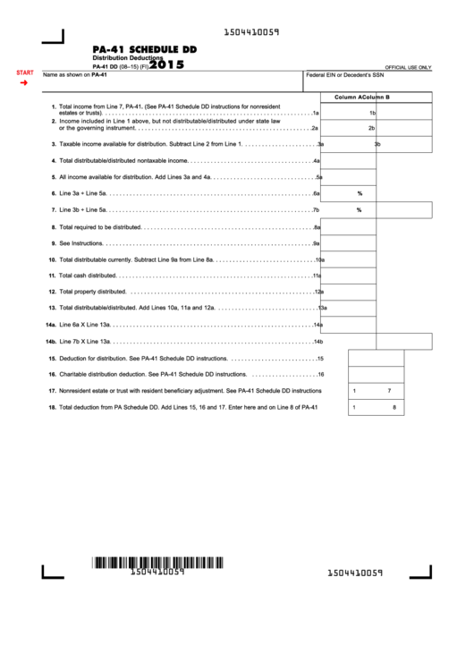 Fillable Form Pa-41 Dd - Pa-41 Schedule Dd - Distribution Deductions - 2015 Printable pdf
