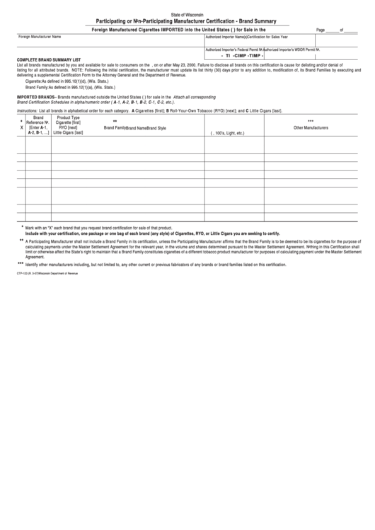 Form Ctp-123 - Participating Or Non-Participating Manufacturer Certification - Brand Summary Printable pdf