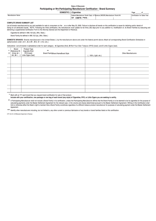 Form Ctp-122 - Participating Or Non-Participating Manufacturer Certification - Brand Summary Printable pdf