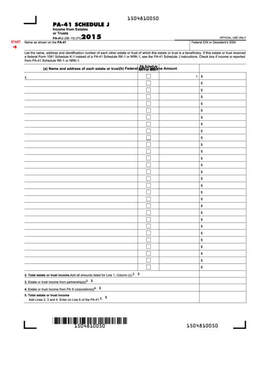 Fillable Form Pa-41j - Pa-41 Schedule J - Income From Estates Or Trusts - 2015 Printable pdf
