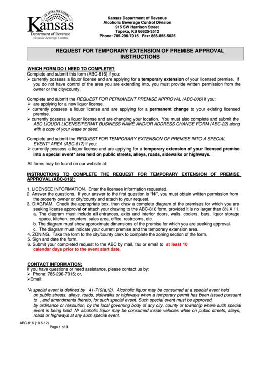 Form Abc-816 (10.5.12) - Request For Temporary Extension Of Premise Approval Instructions - 2012 Printable pdf