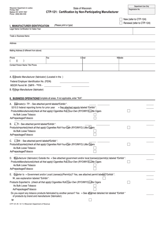 Form Ctp-121 - Certification By Non-Participating Manufacturer Printable pdf