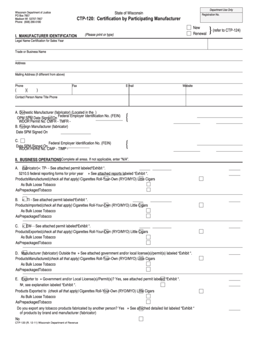 Form Ctp-120 - Certification By Participating Manufacturer Printable pdf