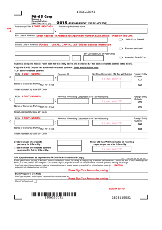 Fillable Form Pa-65 Corp - Directory Of Corporate Partners - 2015 Printable pdf