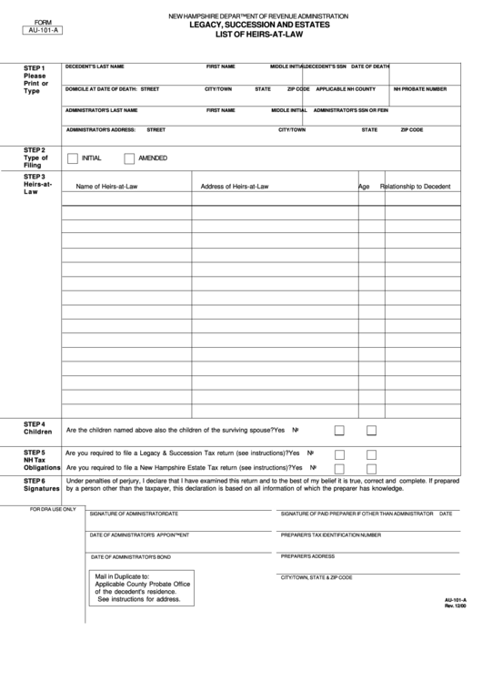 Form Au-101-A - Legacy, Succession And Estates List Of Heirs-At-Law Printable pdf