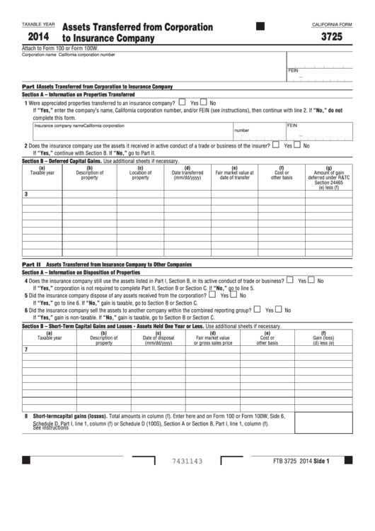 Form 3725 - California Assets Transferred From Corporation To Insurance Company - 2014 Printable pdf