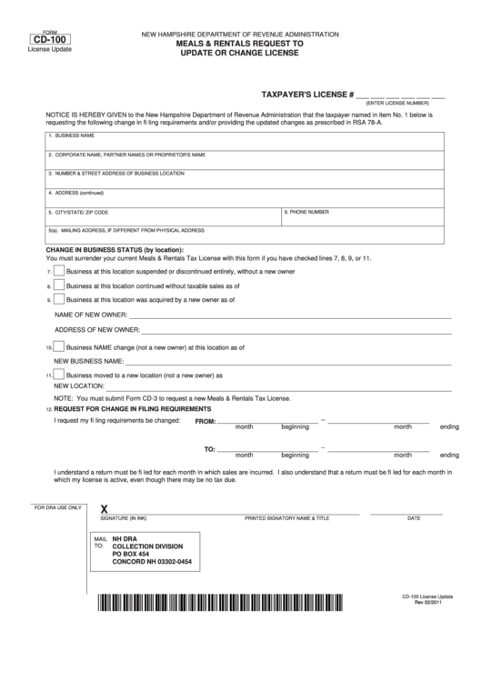 Fillable Form Cd-100 - Meals & Rentals Request To Update Or Change License Printable pdf
