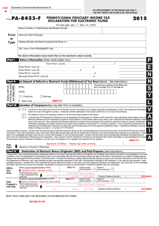 Fillable Form Pa-8453-F - Pennsylvania Fiduciary Income Tax Declaration For Electronic Filing - 2015 Printable pdf