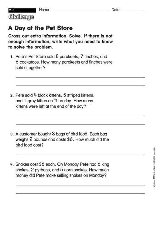 A Day At The Pet Store - Math Worksheet With Answers Printable pdf