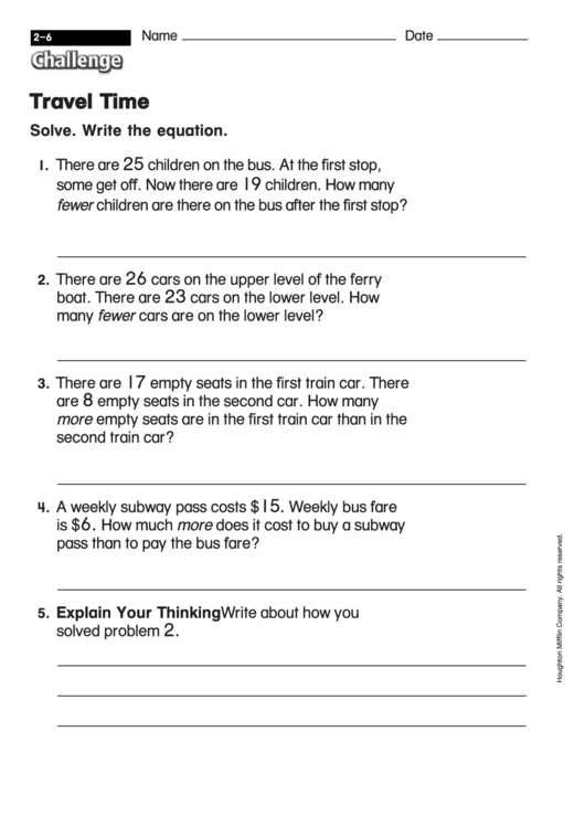 Travel Time - Math Worksheet With Answers Printable pdf