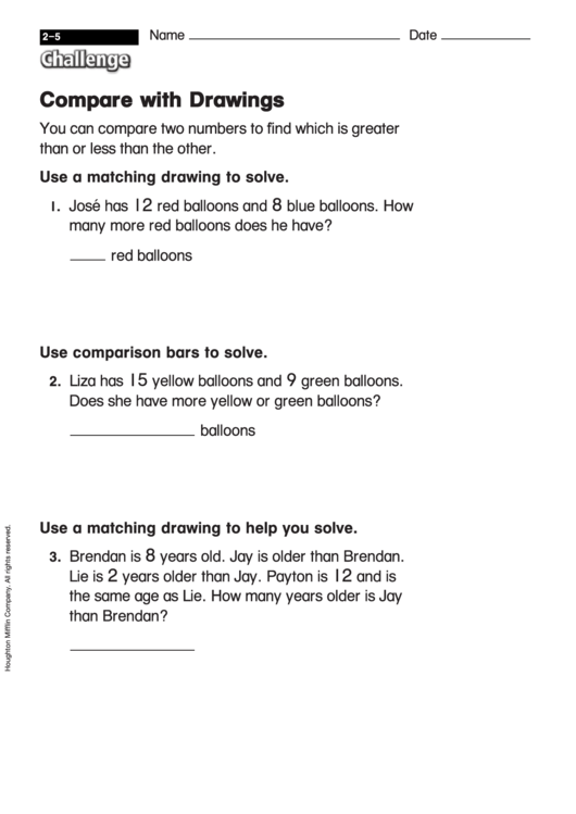 Compare With Drawings - Math Worksheet With Answers Printable pdf