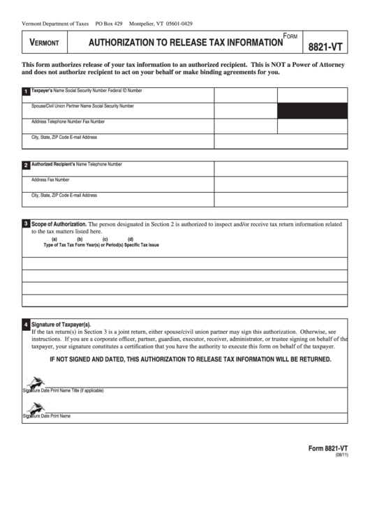 Form 8821-Vt - Authorization To Release Tax Information - 2011 Printable pdf