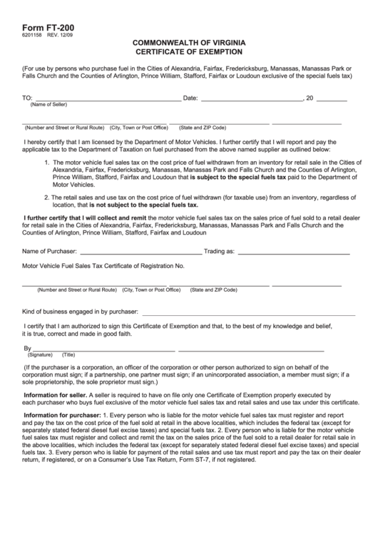 Fillable Form Ft-200 - Certificate Of Exemption Printable pdf
