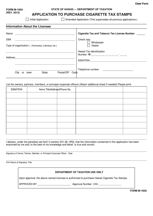 Fillable Form M-100a - Application To Purchase Cigarette Tax Stamps Printable pdf