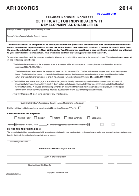 Fillable Form Ar1000rc5 - Arkansas Certificate For Individuals With Developmental Disabilities - 2014 Printable pdf