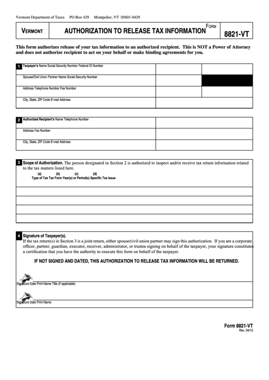 Form 8821-Vt - Authorization To Release Tax Information - 2015 Printable pdf