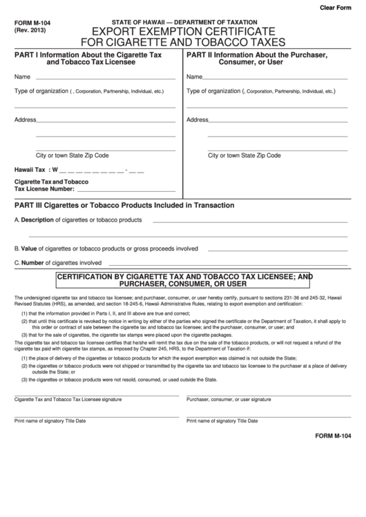 Fillable Form M-104 - Export Exemption Certificate For Cigarette And Tobacco Taxes Printable pdf