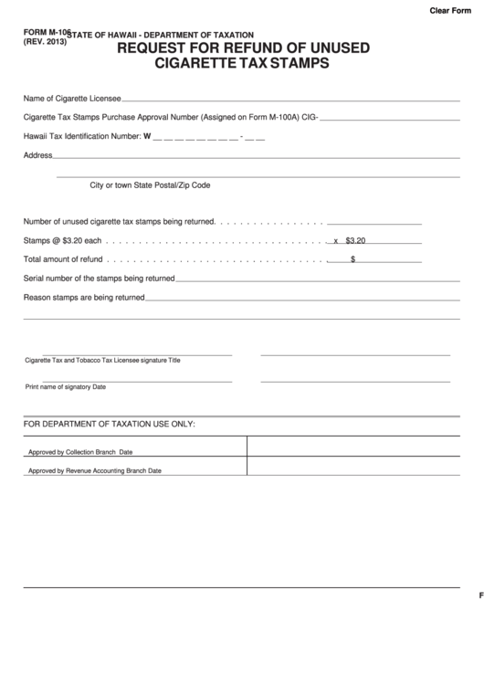 Form M-106 - Request For Refund Of Unused Cigarette Tax Stamps
