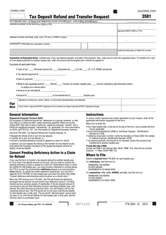 Form 3581 - California Tax Deposit Refund And Transfer Request Printable pdf