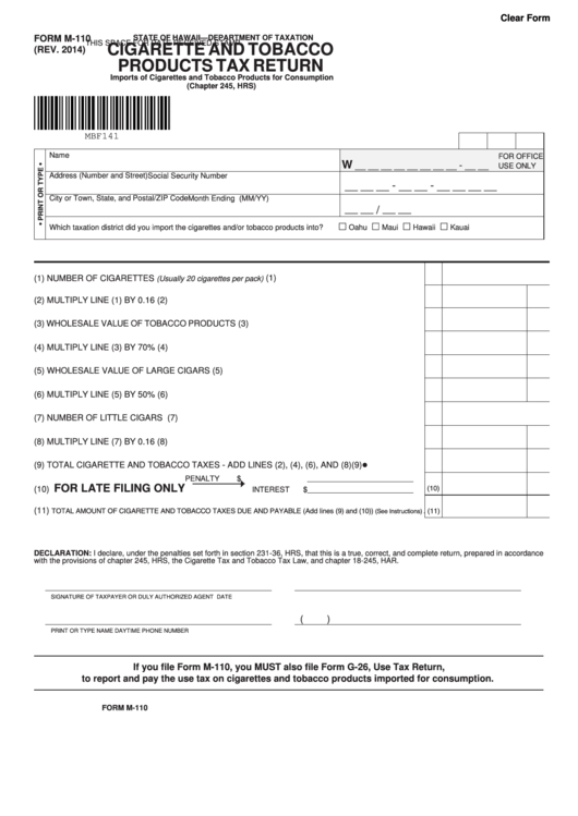 Fillable Form M-110 - Cigarette And Tobacco Products Tax Return Printable pdf