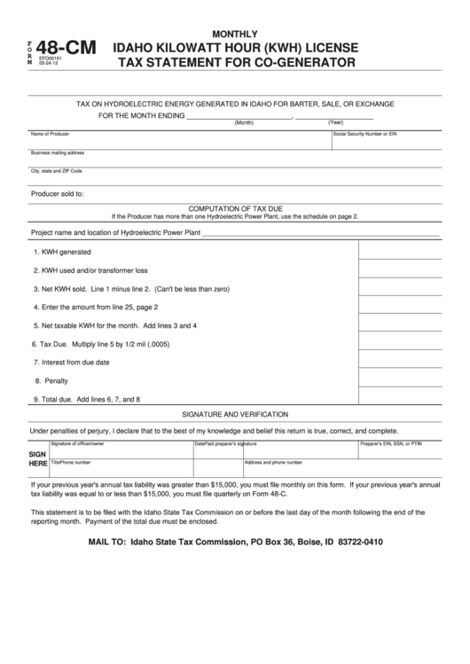 Fillable Form 48-Cm - Idaho Kilowatt Hour (Kwh) License Tax Statement For Co-Generator Printable pdf