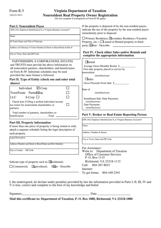 Fillable Form R-5 - Nonresident Real Property Owner Registration Printable pdf