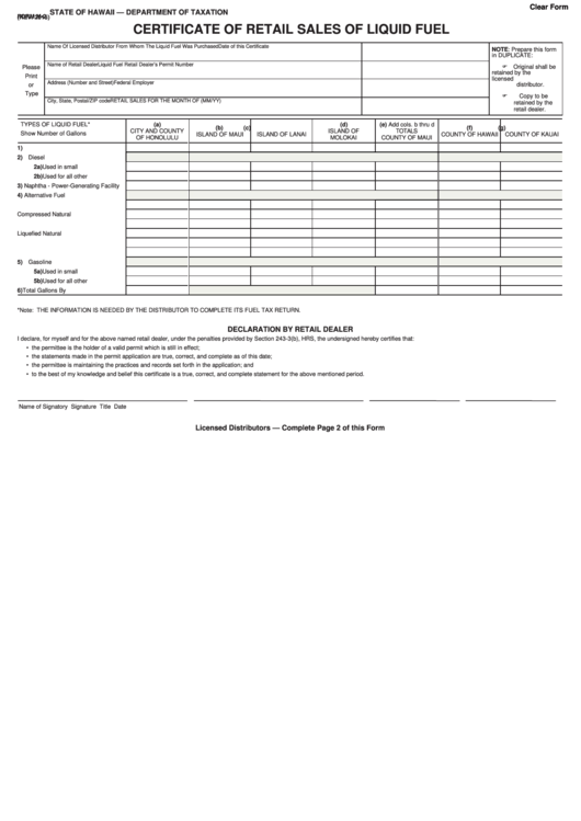 Fillable Form M-2 - Certificate Of Retail Sales Of Liquid Fuel Printable pdf