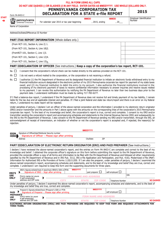 Fillable Form Pa-8453-C - Pennsylvania Corporation Tax Declaration For A State E-File Report - 2015 Printable pdf