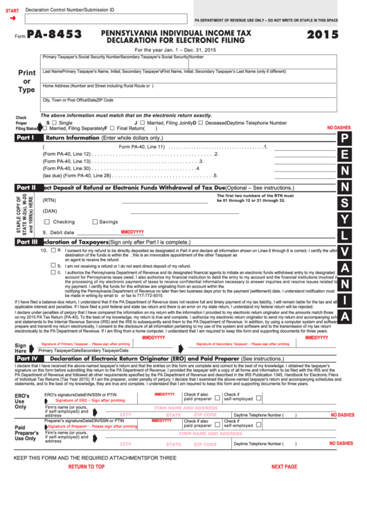 Fillable Form Pa-8453 - Pennsylvania Individual Income Tax Declaration For Electronic Filing - 2015 Printable pdf