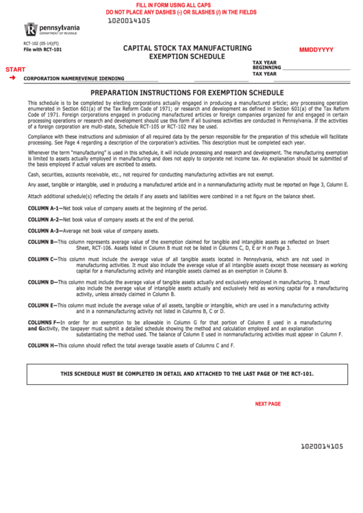 Fillable Form Rct-102 - Capital Stock Tax Manufacturing Exemption Schedule Printable pdf