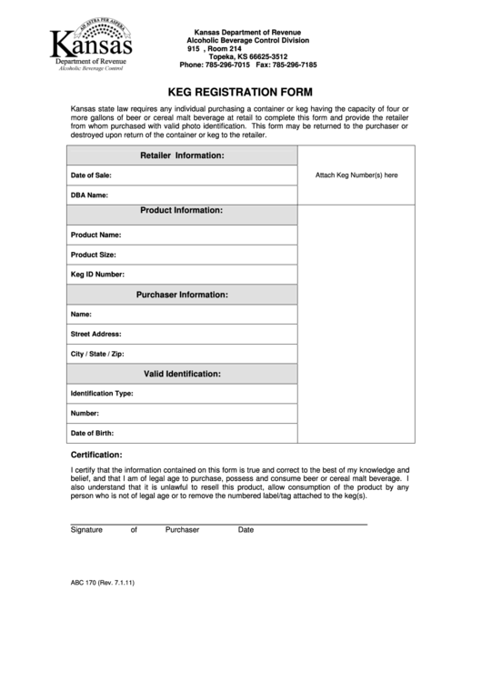 Form Abc 170 - Keg Registration Form Printable pdf