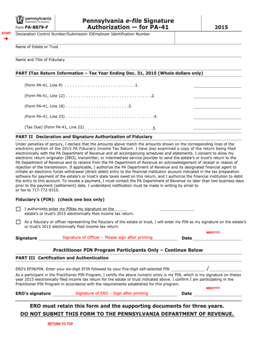Fillable Form Pa-8879-F - Pennsylvania E-File Signature Authorization - For Pa-41 - 2015 Printable pdf