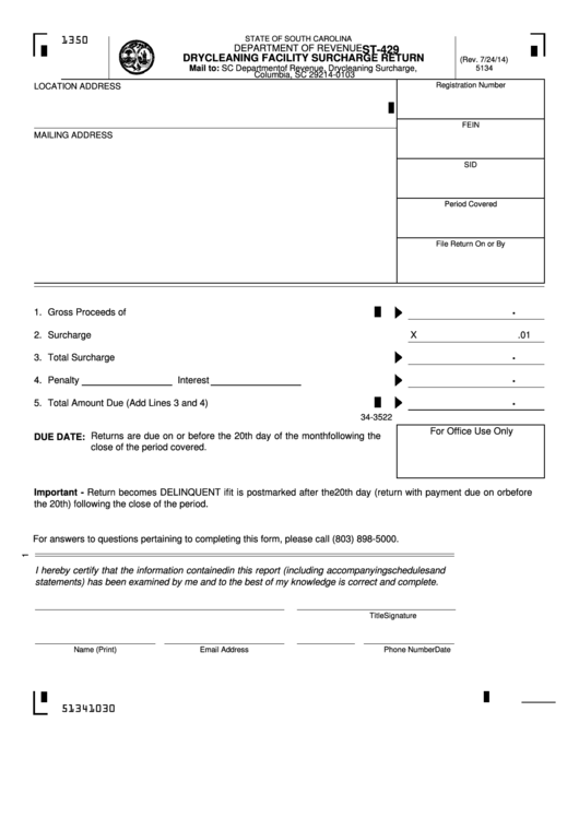 Form St-429 - Drycleaning Facility Surcharge Return Printable pdf