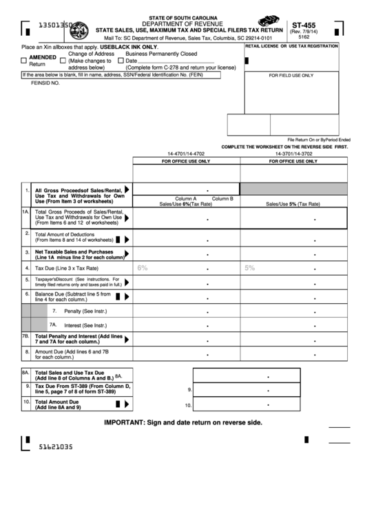 Form St-455 - State Sales, Use, Maximum Tax And Special Filers Tax Return Printable pdf
