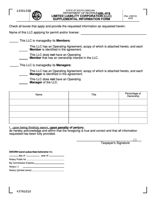 Form Abl-919 - Limited Liability Corporation (Llc) Supplemental Information Form Printable pdf