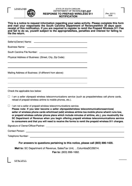 Form St-537 - Response To Prepaid Wireless 911 Notification Printable pdf