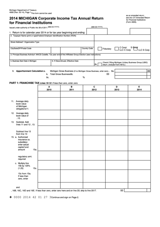Form 4908 - Corporate Income Tax Annual Return For Financial Institutions - 2014 Printable pdf