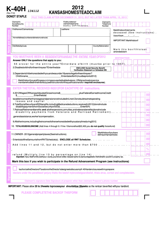 Form K-40h - Kansas Homestead Claim - 2012 Printable pdf