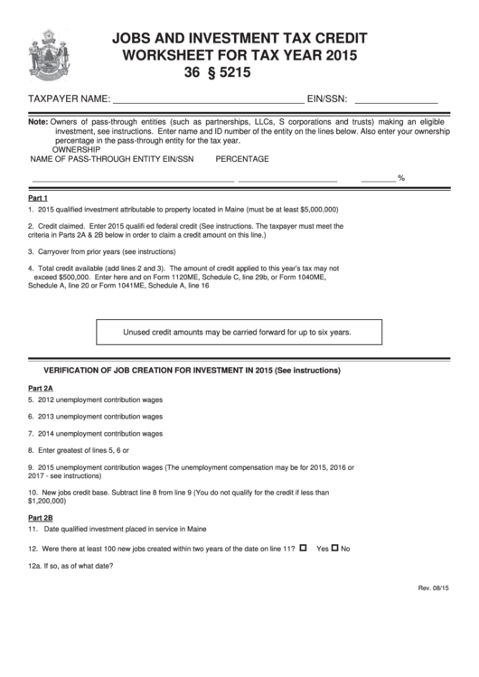 Maine Jobs And Investment Tax Credit Worksheet For Tax Year 2015 Printable pdf