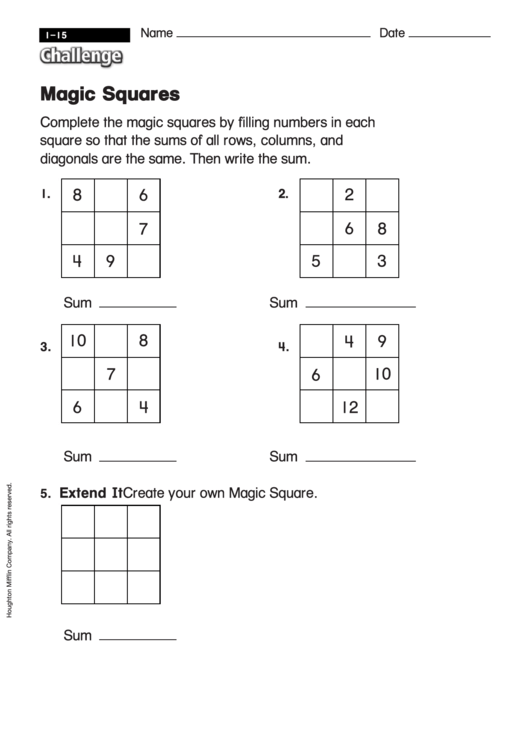 Magic Squares - Math Worksheet With Answers Printable pdf
