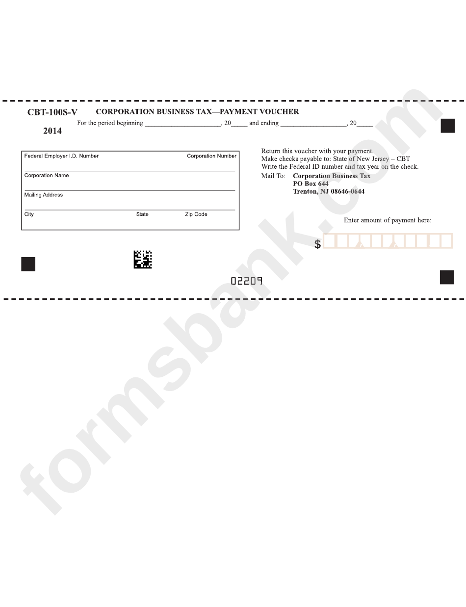 Form Cbt-100s-V - New Jersey Corporation Business Tax-Payment Voucher - 2014