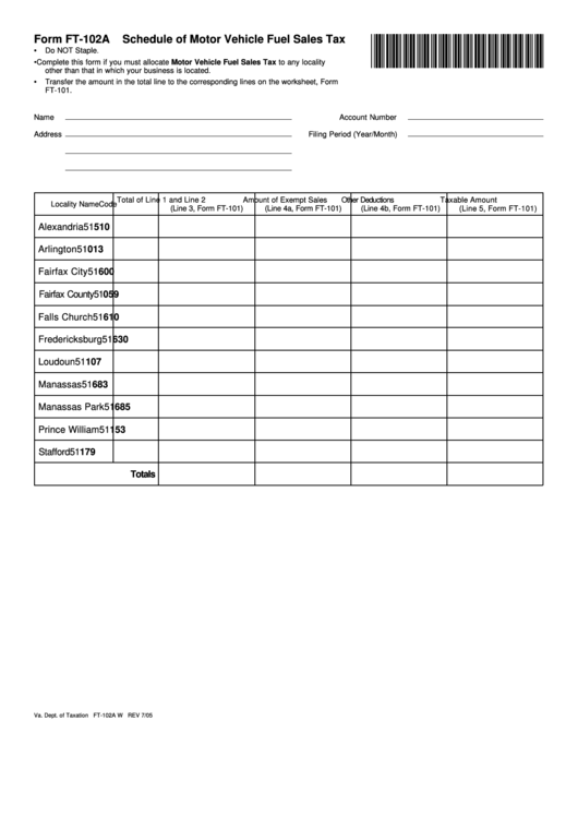 Fillable Form Ft-102a - Schedule Of Motor Vehicle Fuel Sales Tax Printable pdf