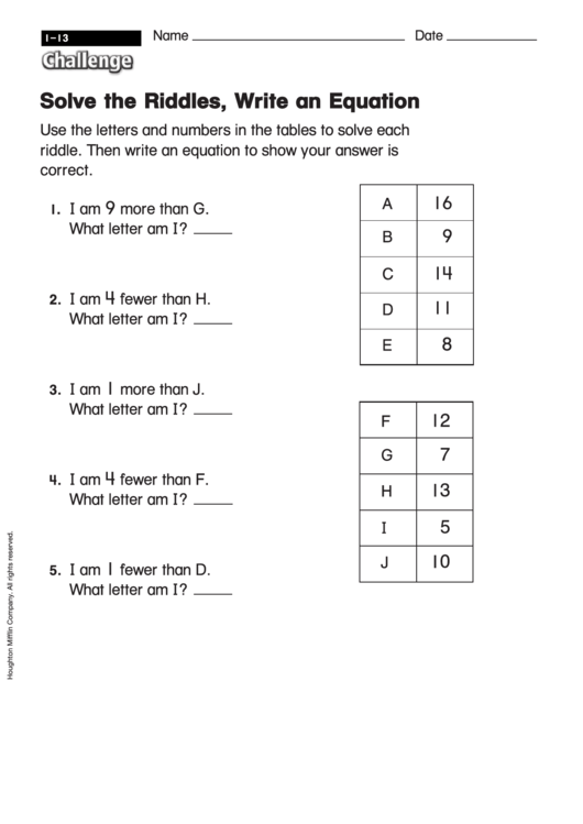 Solve The Riddles, Write An Equation - Equation Worksheet With Answers Printable pdf