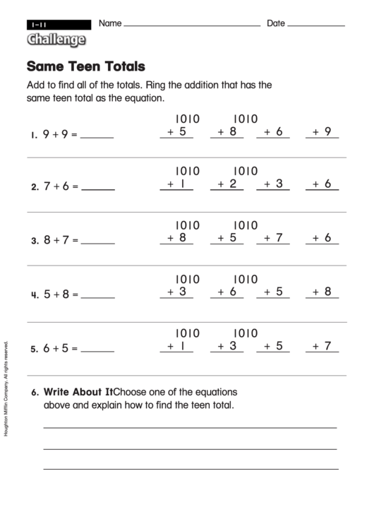 Same Teen Totals - Equation Worksheet With Answers Printable pdf
